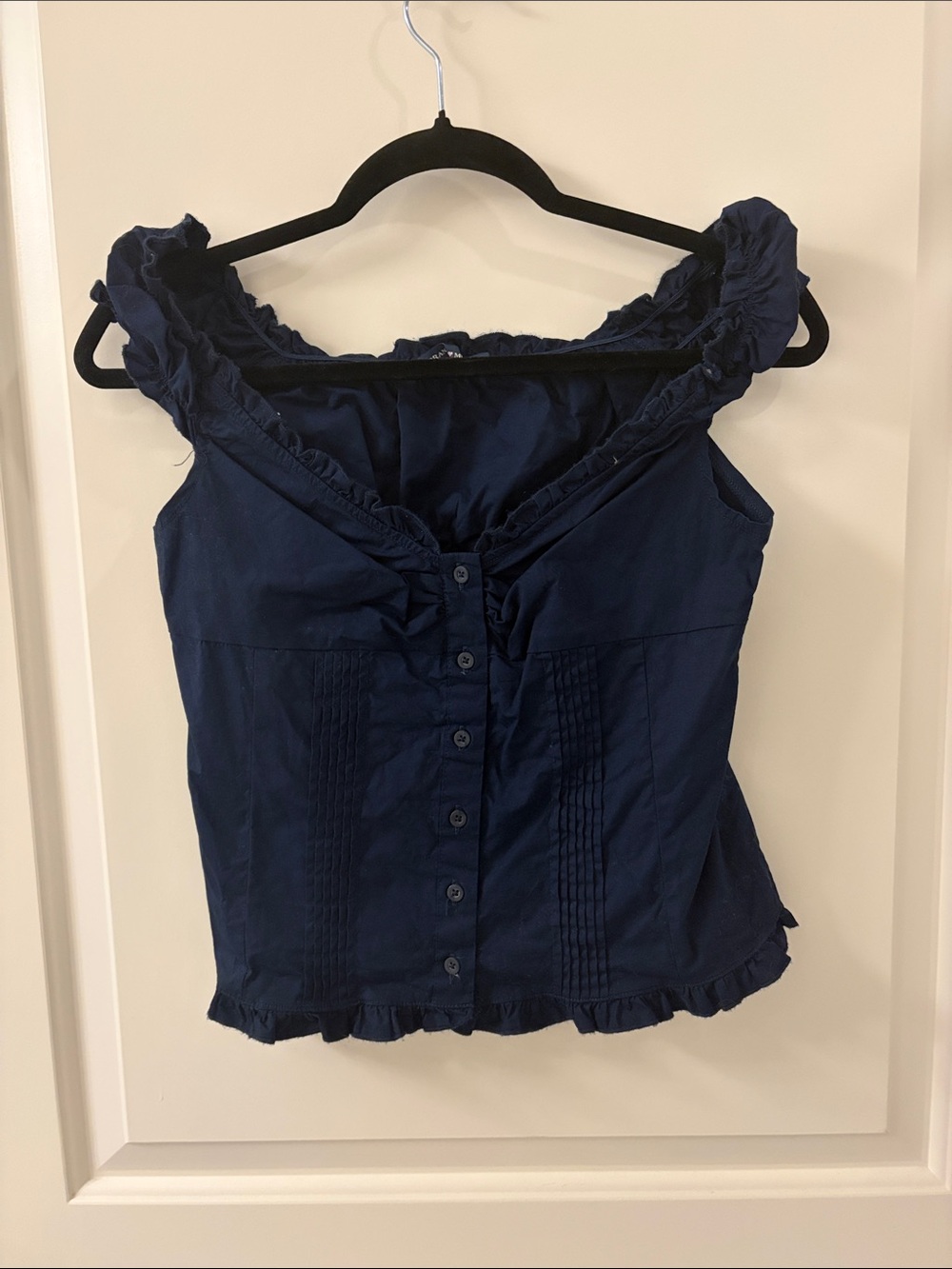 Brandy Melville Navy Ruffled Button-Front Sleeveless Blouse
